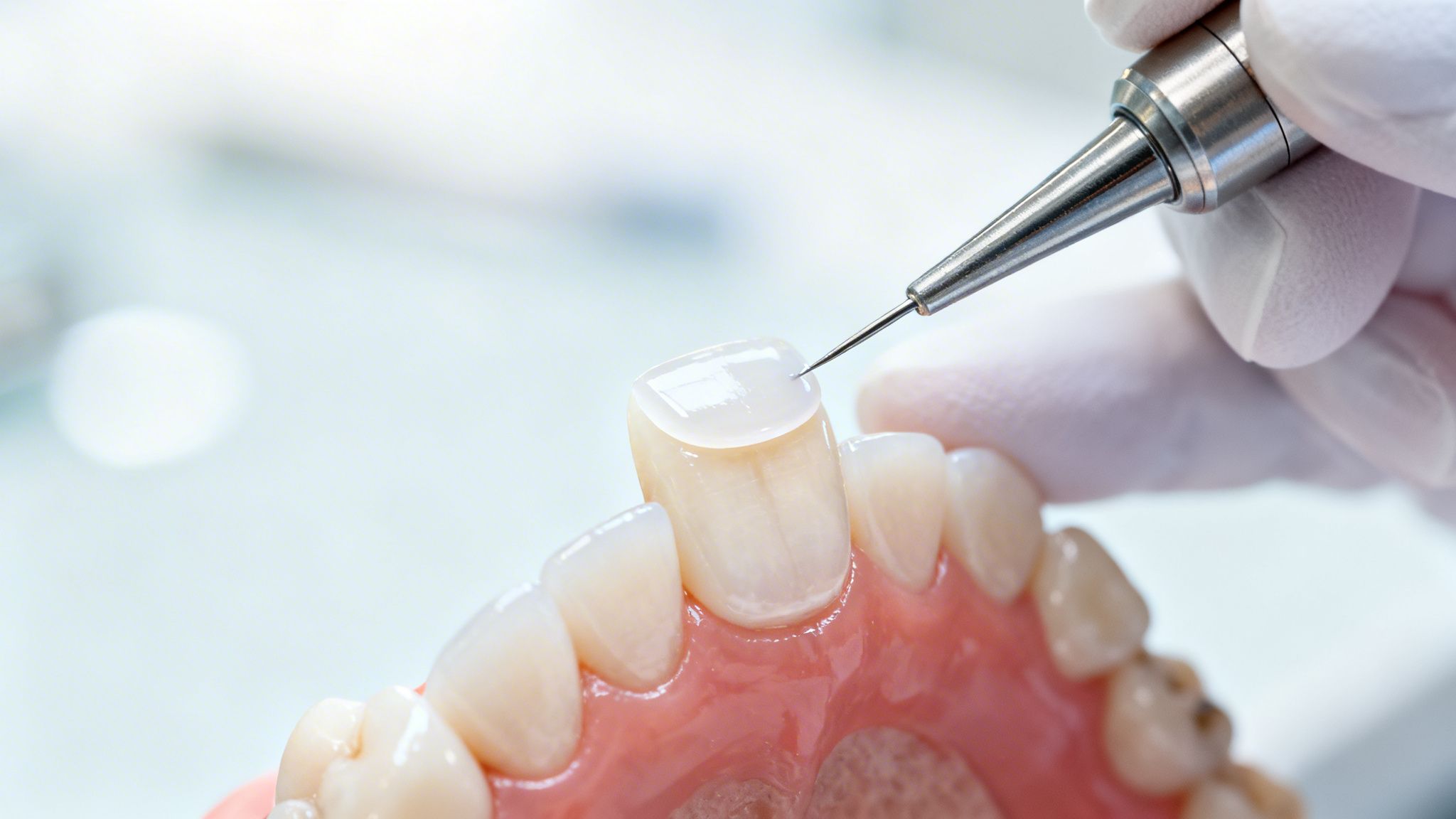 Close-up of a dental professional perfecting a tooth veneer on a model jaw with a precise tool.