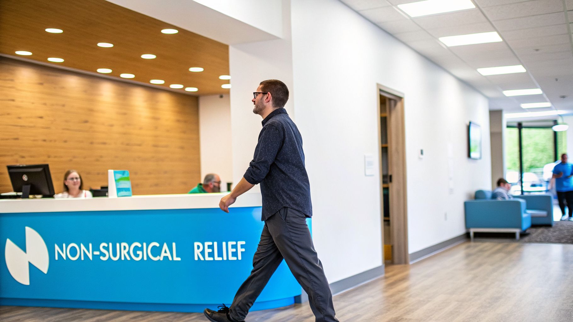 A man walks past a modern clinic reception desk with “NON-SURGICAL RELIEF” signage.