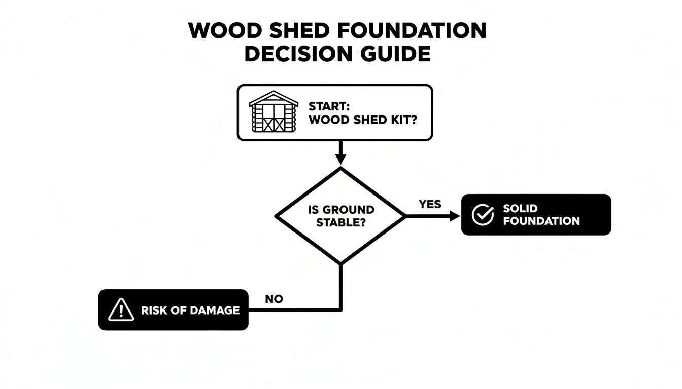 Flowchart for wood shed kit foundation decision, evaluating ground stability for solid foundation or risk.