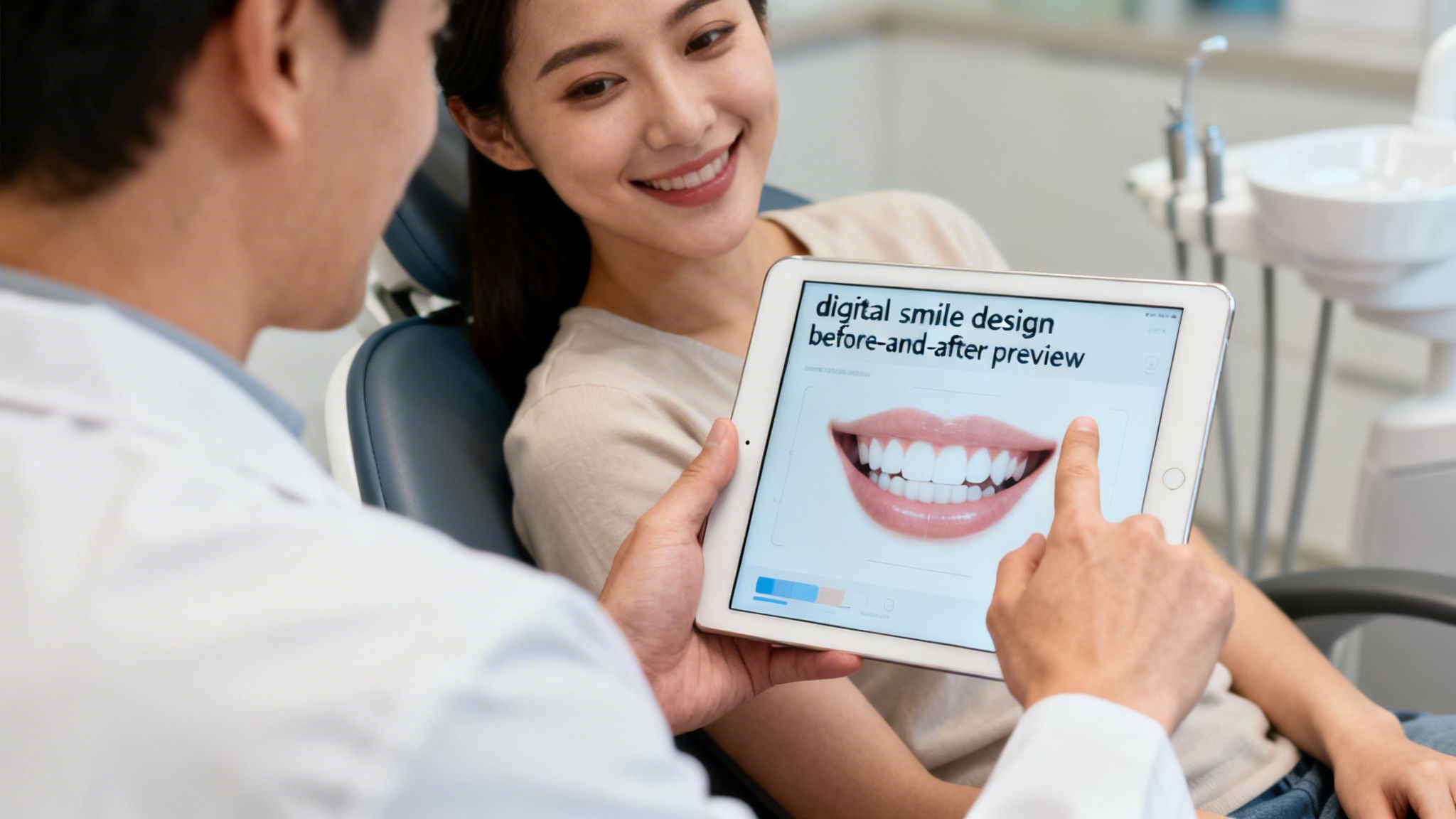 Dentist showing a smiling female patient a digital smile design preview on a tablet.