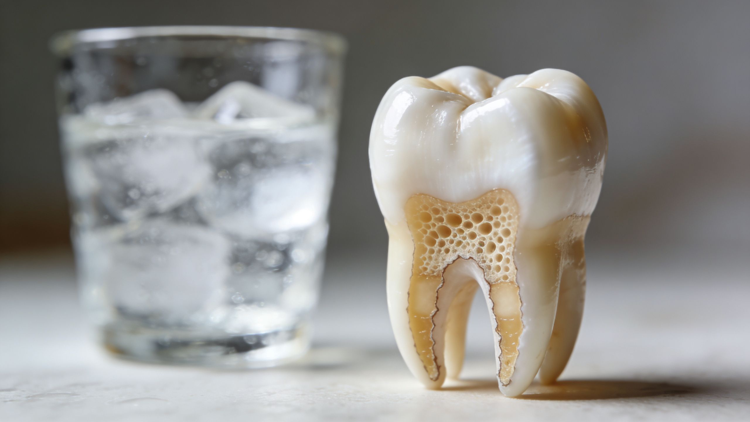 A close-up view of a dental tooth model with exposed inner structure beside a glass of ice water.