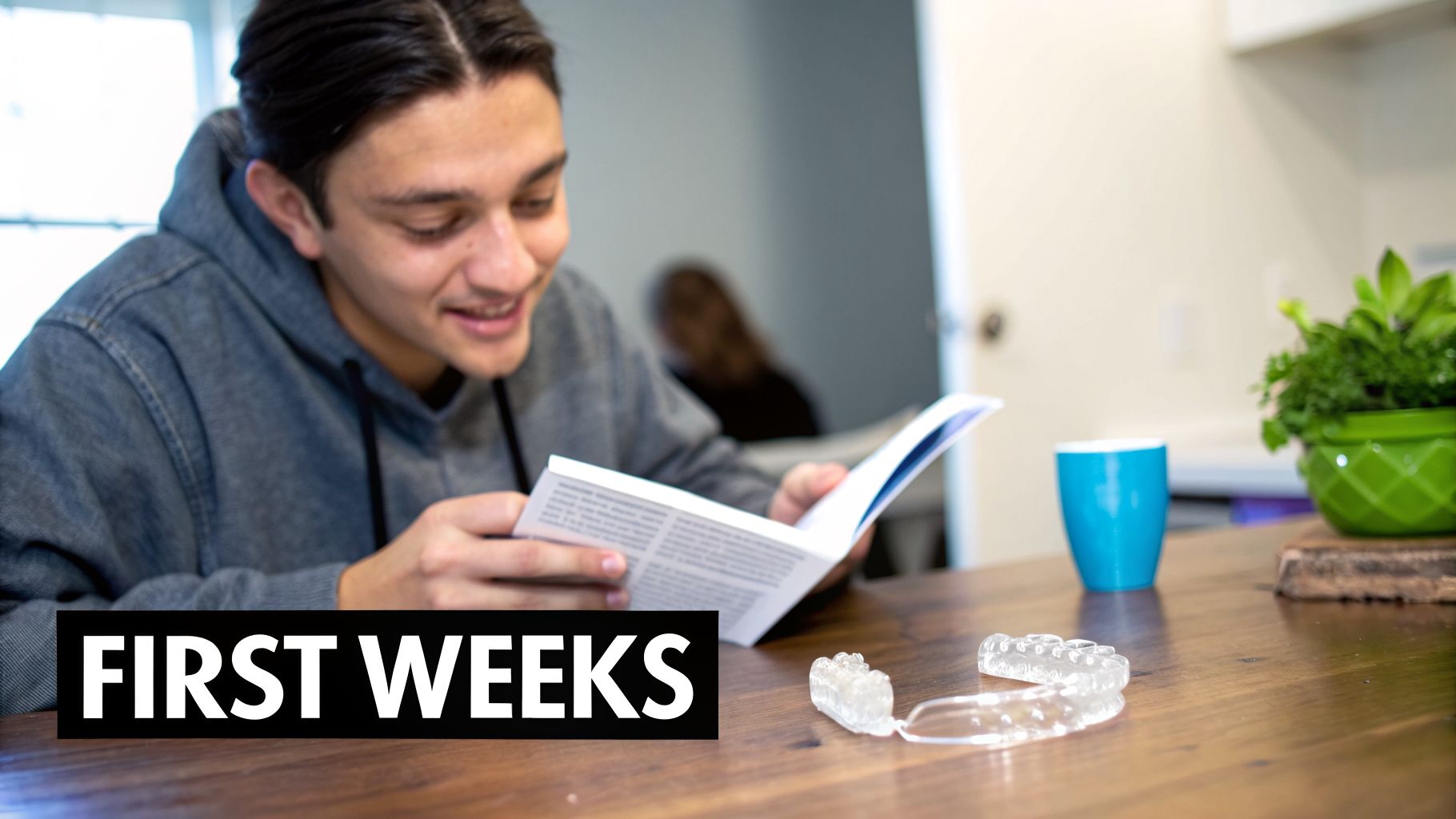 A smiling young man reads a guide with clear dental aligners on a wooden table.