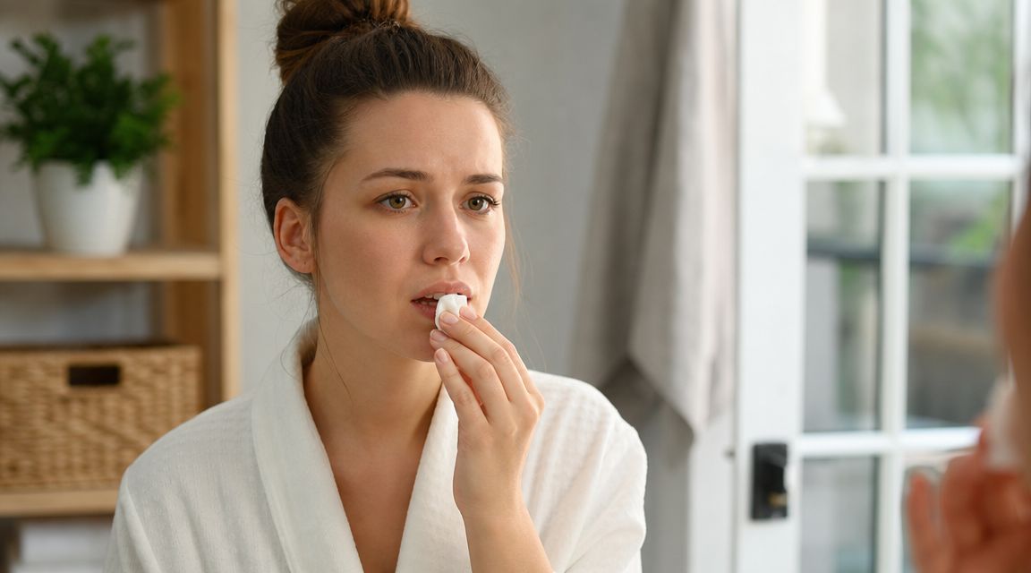 A woman in a white bathrobe holding a cotton pad to her mouth while looking in a mirror.