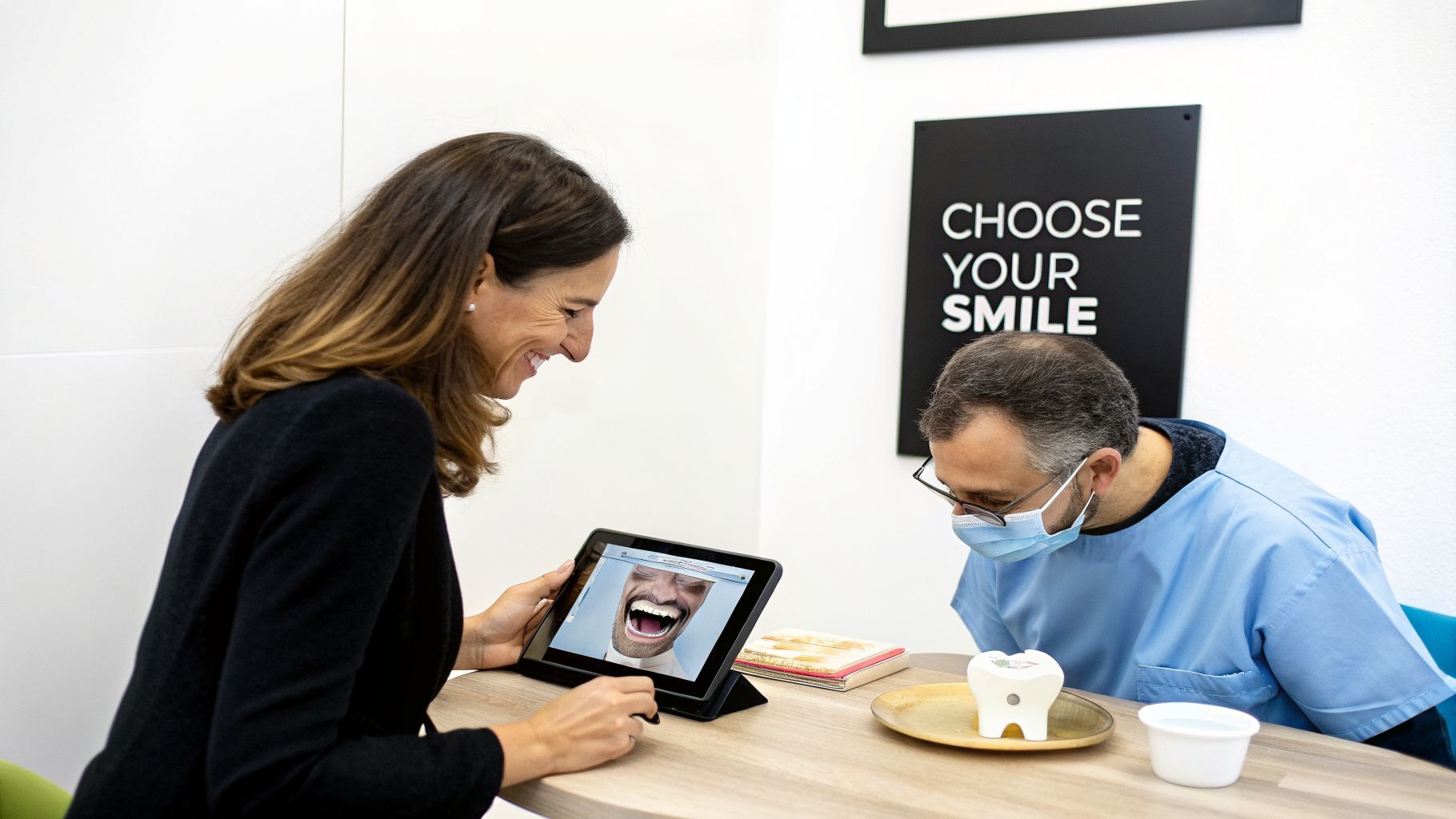 A woman happily consults with a dentist, viewing smile design options on a tablet.