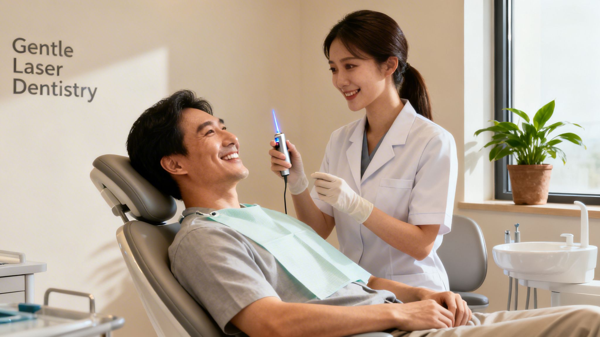 Smiling man in a dental chair looks at a female dentist performing laser treatment.