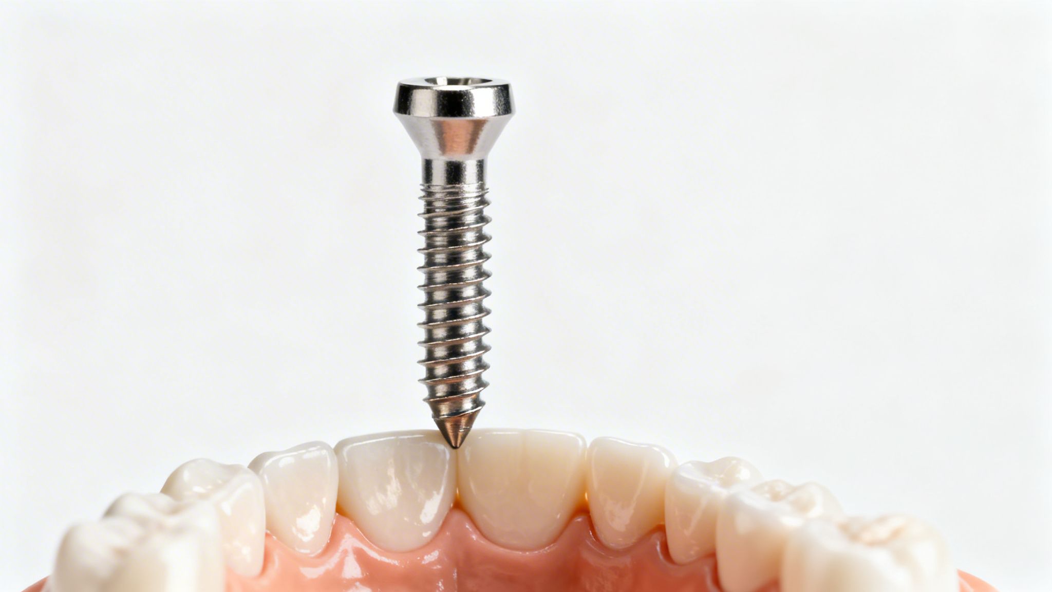 A large metal dental implant screw pointing at a model of human teeth and gums on a white background.