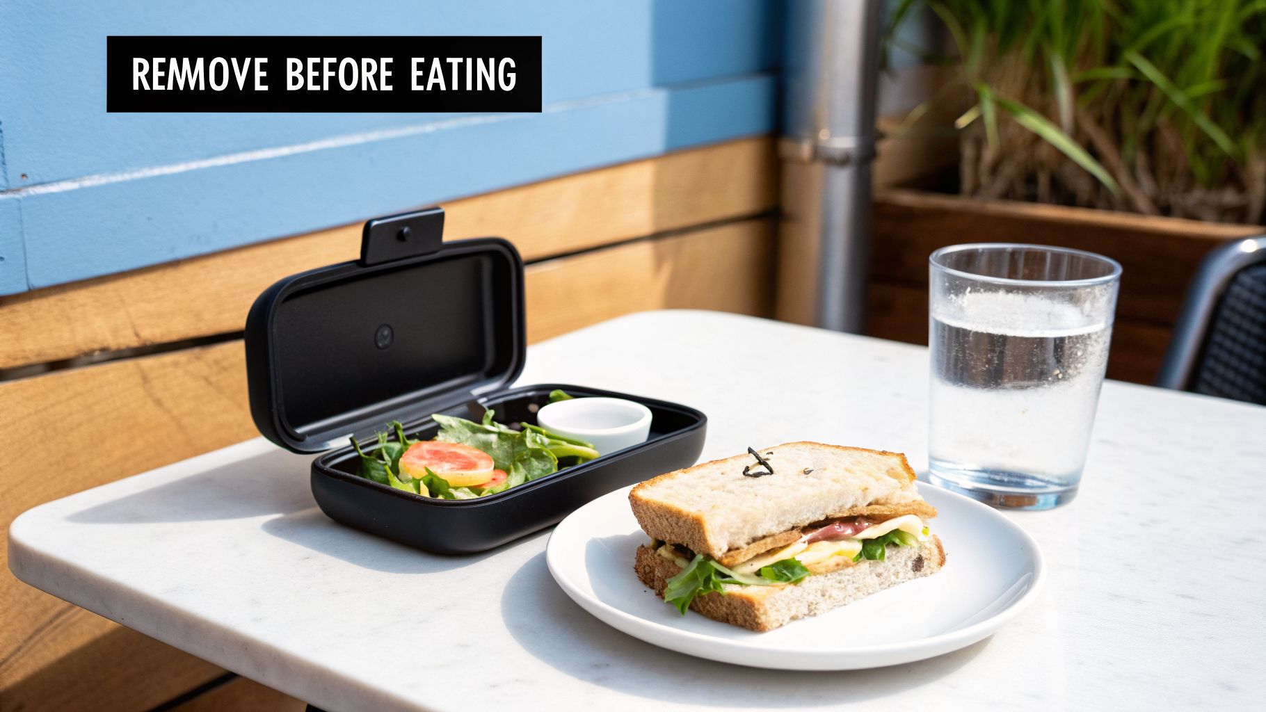 A healthy lunch with a sandwich, fresh salad in an open bento box, and a glass of water on a table.