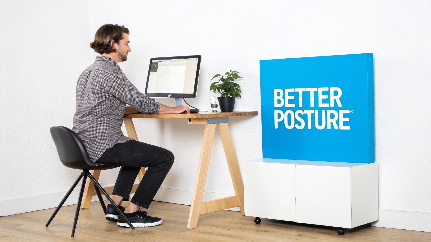 A man sits at a wooden desk working on a computer, demonstrating good posture habits.