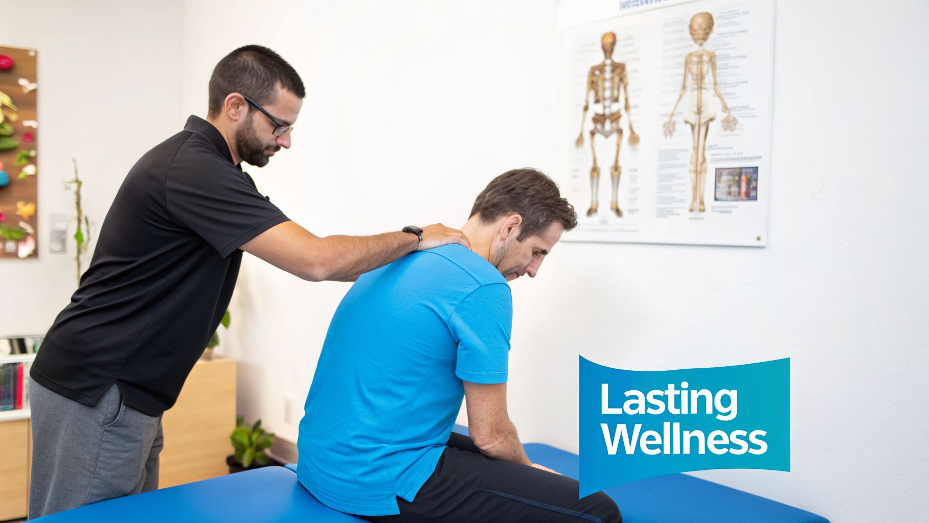 A male chiropractor performs a neck and shoulder adjustment on a male patient in a clinic.