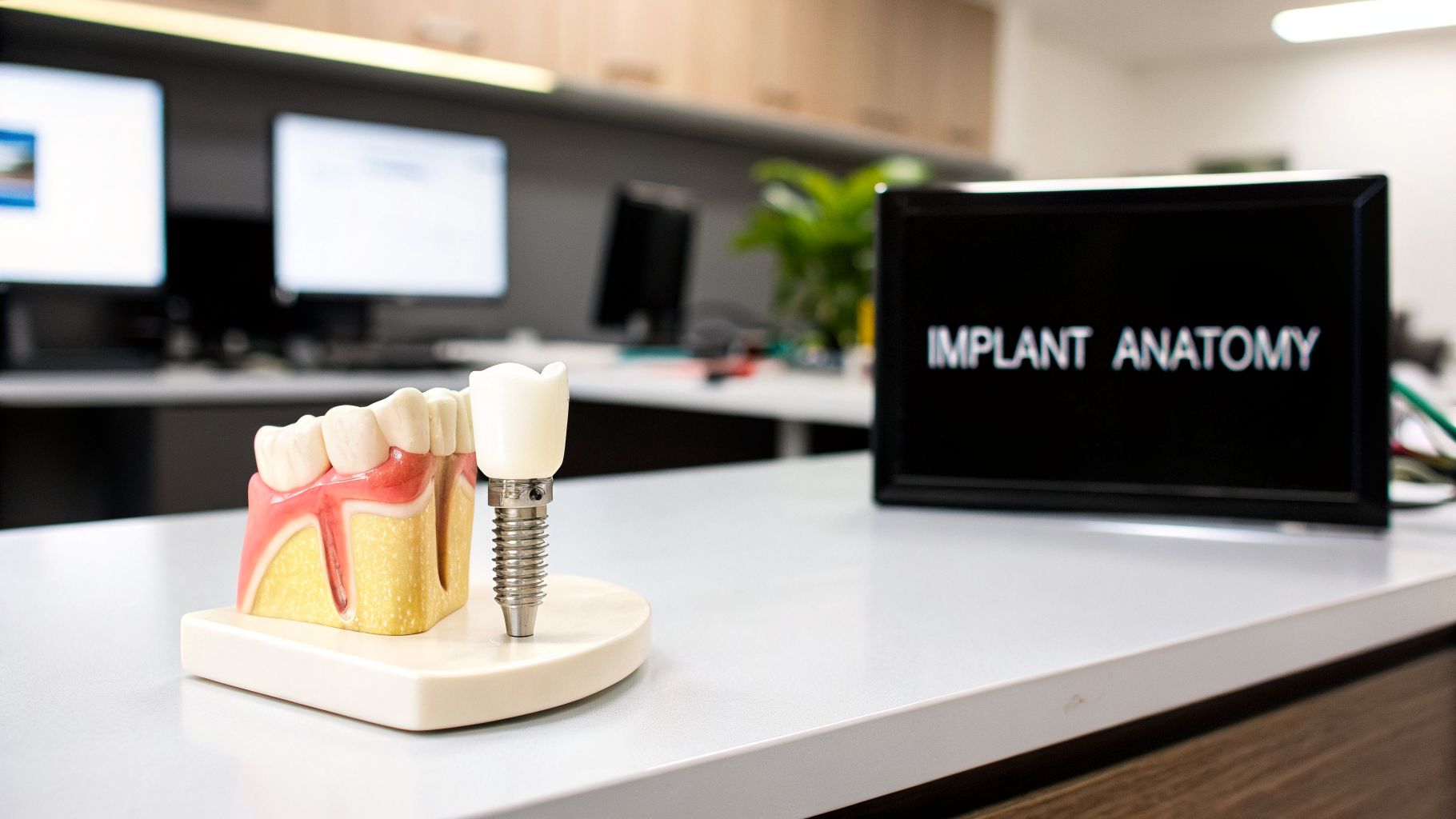 Close-up of a dental implant and jaw model with 'IMPLANT ANATOMY' sign in a modern dental office.