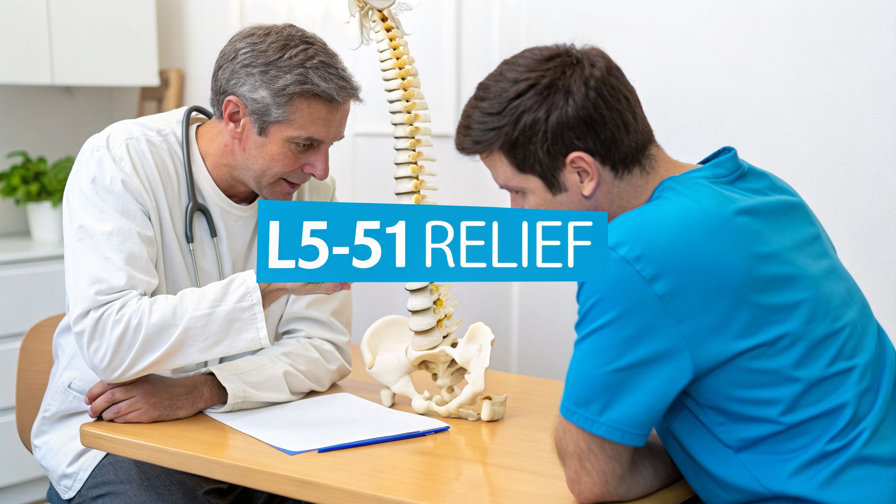 A doctor and patient discuss a spine model with 'L5-S1 RELIEF' text overlay.