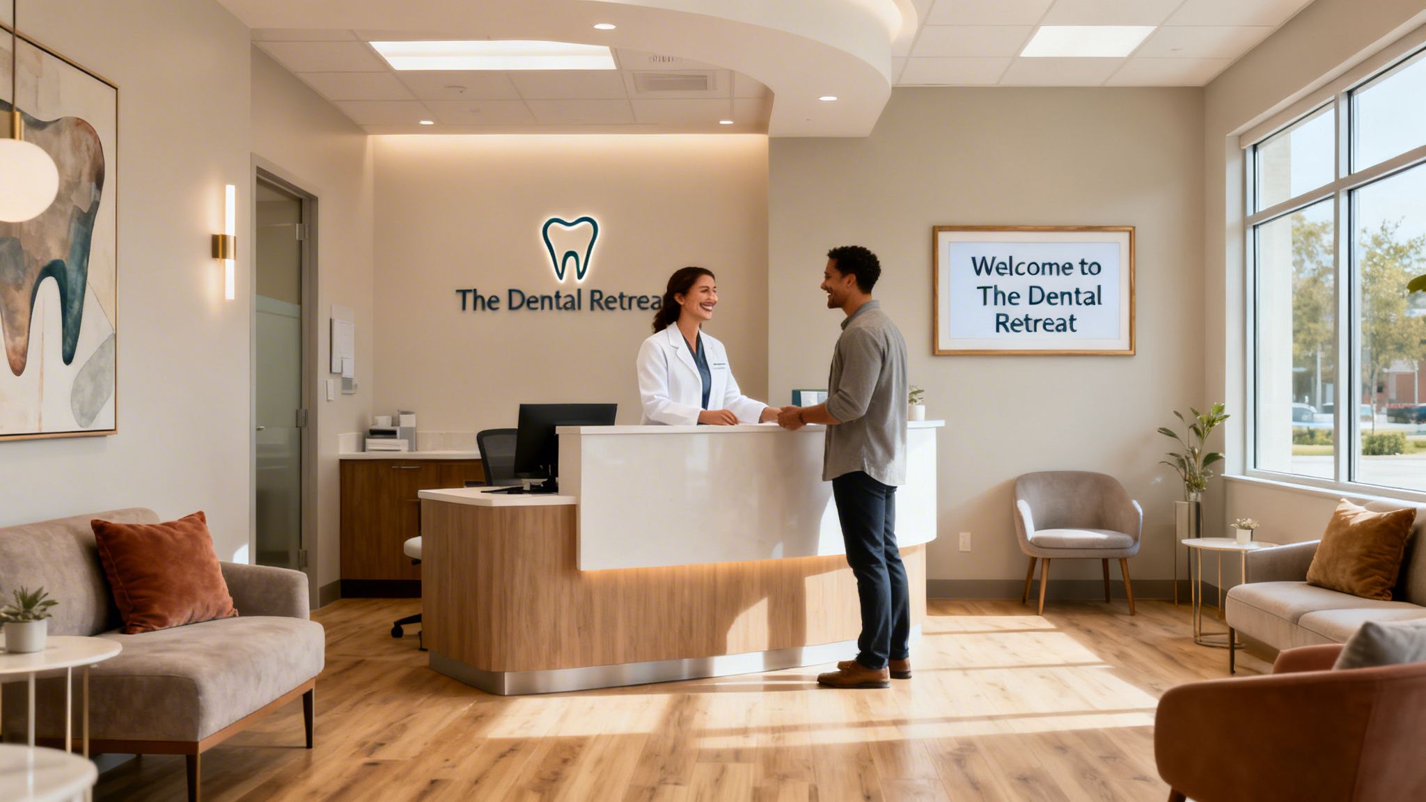A friendly receptionist greeting a male patient at the modern front desk of a dental office.