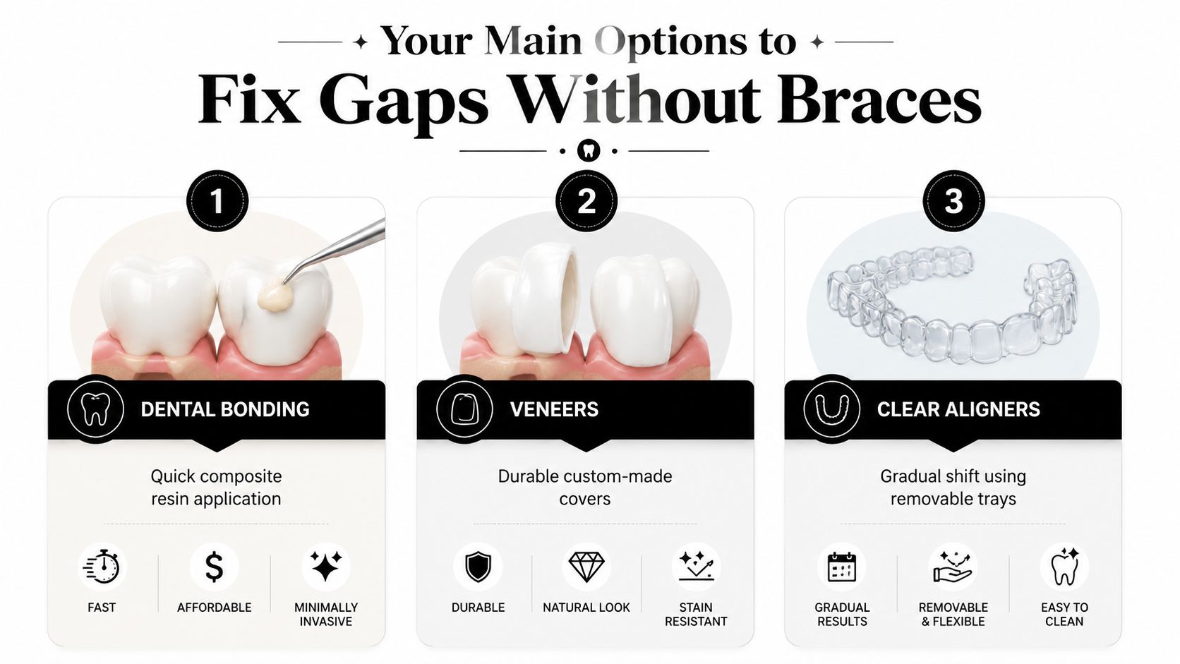 A graphic illustration detailing three primary dental methods for fixing teeth gaps without using traditional braces.