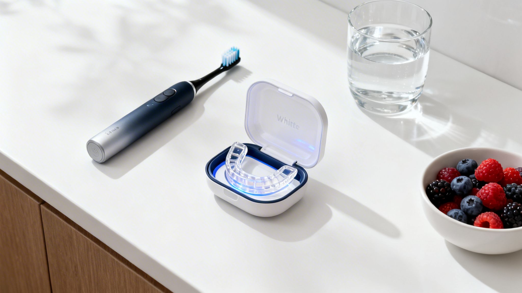An electric toothbrush, Whitte teeth whitening device with blue light, water, and berries on white counter.