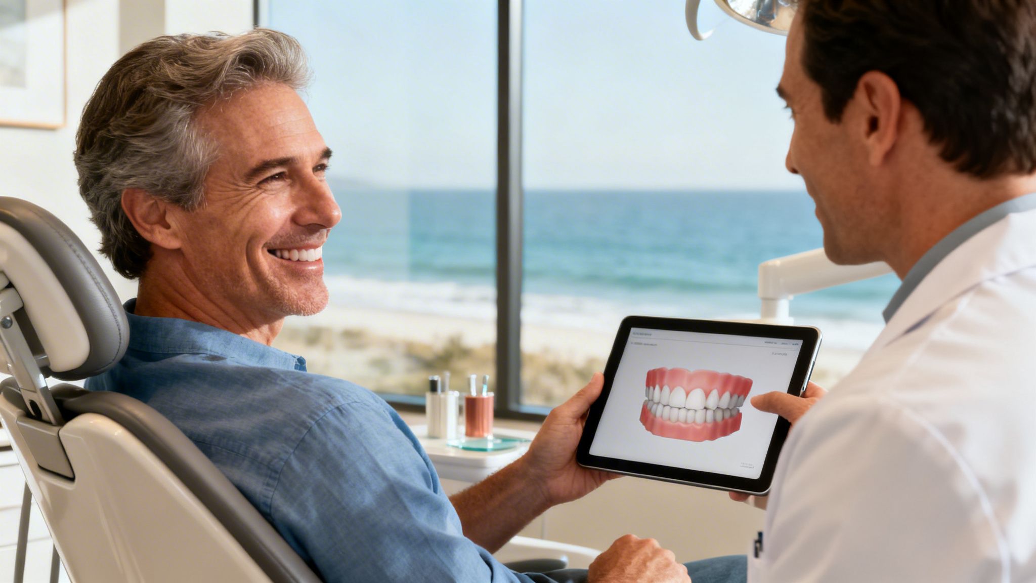 A smiling man sits in a dentist's chair as a dentist shows him a 3D model of straight teeth on a tablet.