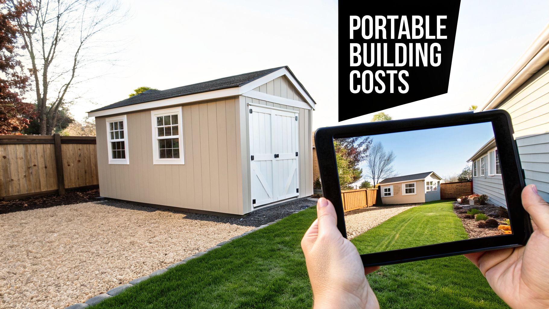 A beige portable shed in a backyard with a person holding a tablet showing the yard, featuring the text 'Portable Building Costs'.