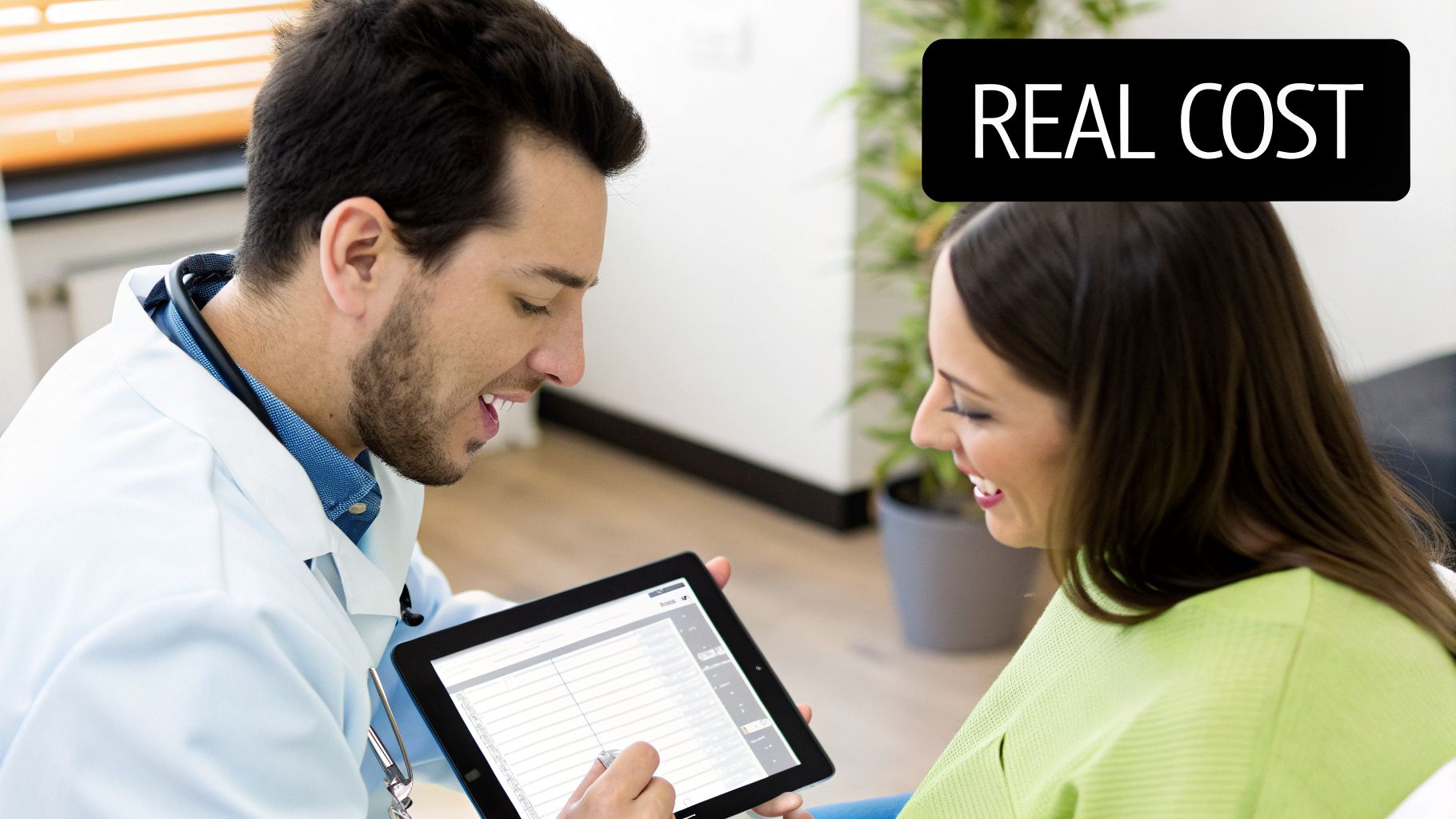 A male dentist shows a female patient treatment options on a digital tablet, discussing real costs.