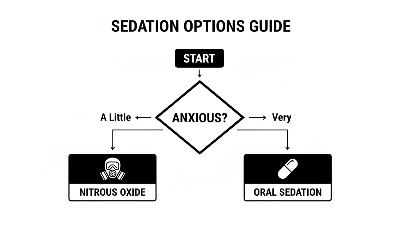 Flowchart guiding sedation options based on anxiety levels, from Start to Nitrous Oxide or Oral Sedation.