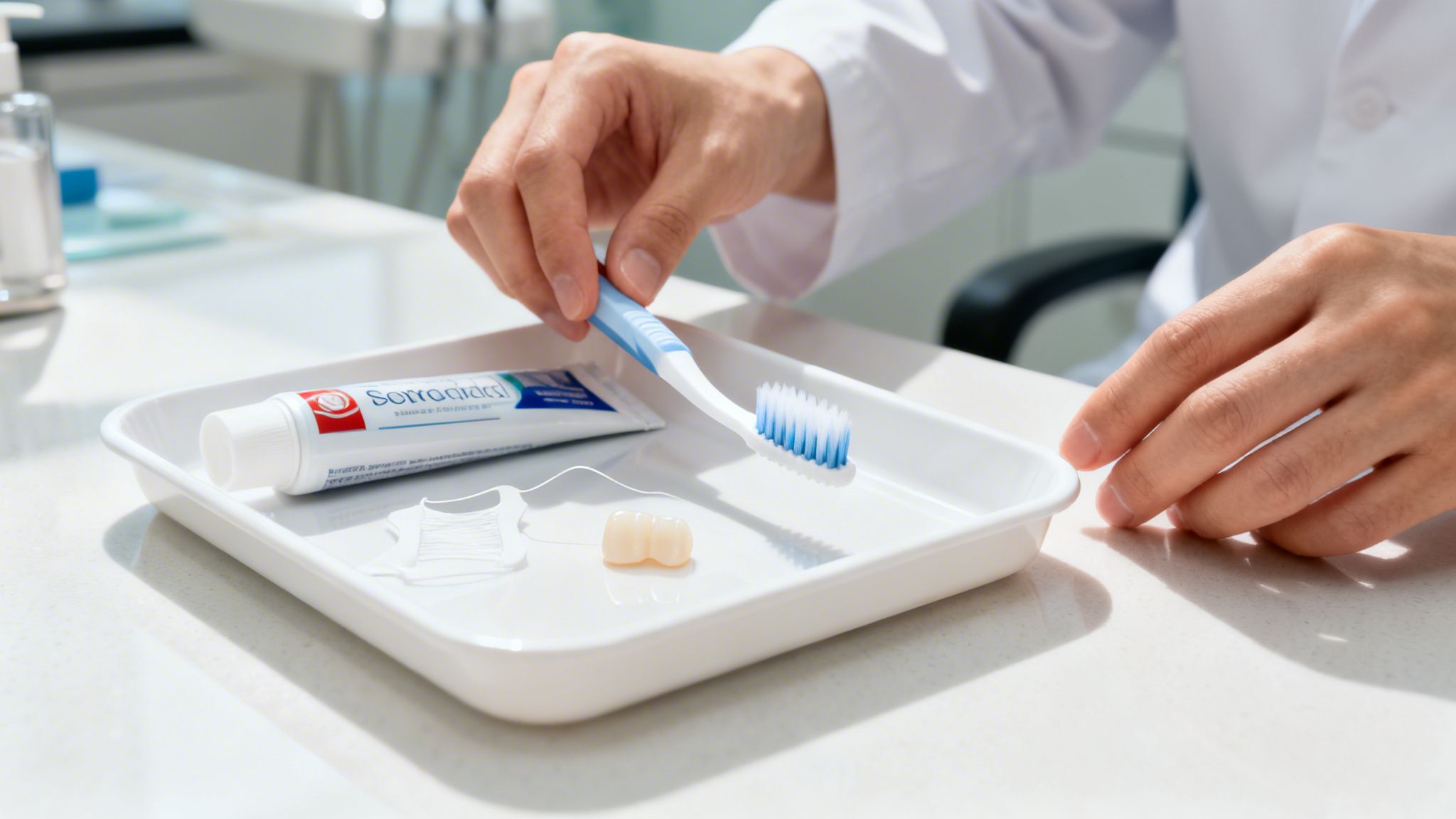 A person in a lab coat demonstrates dental hygiene tools including a toothbrush, toothpaste, floss, and a dental crown.