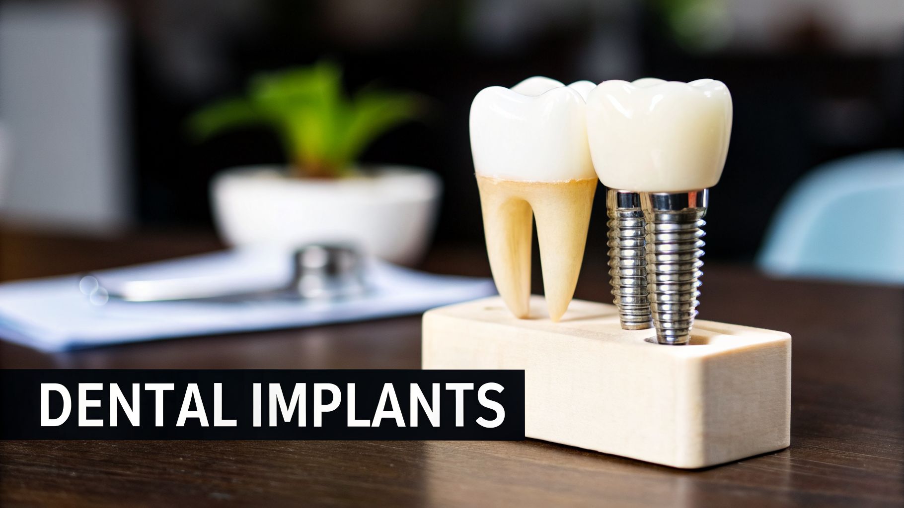 Models of a natural tooth and a dental implant displayed on a wooden stand in a dental office setting.