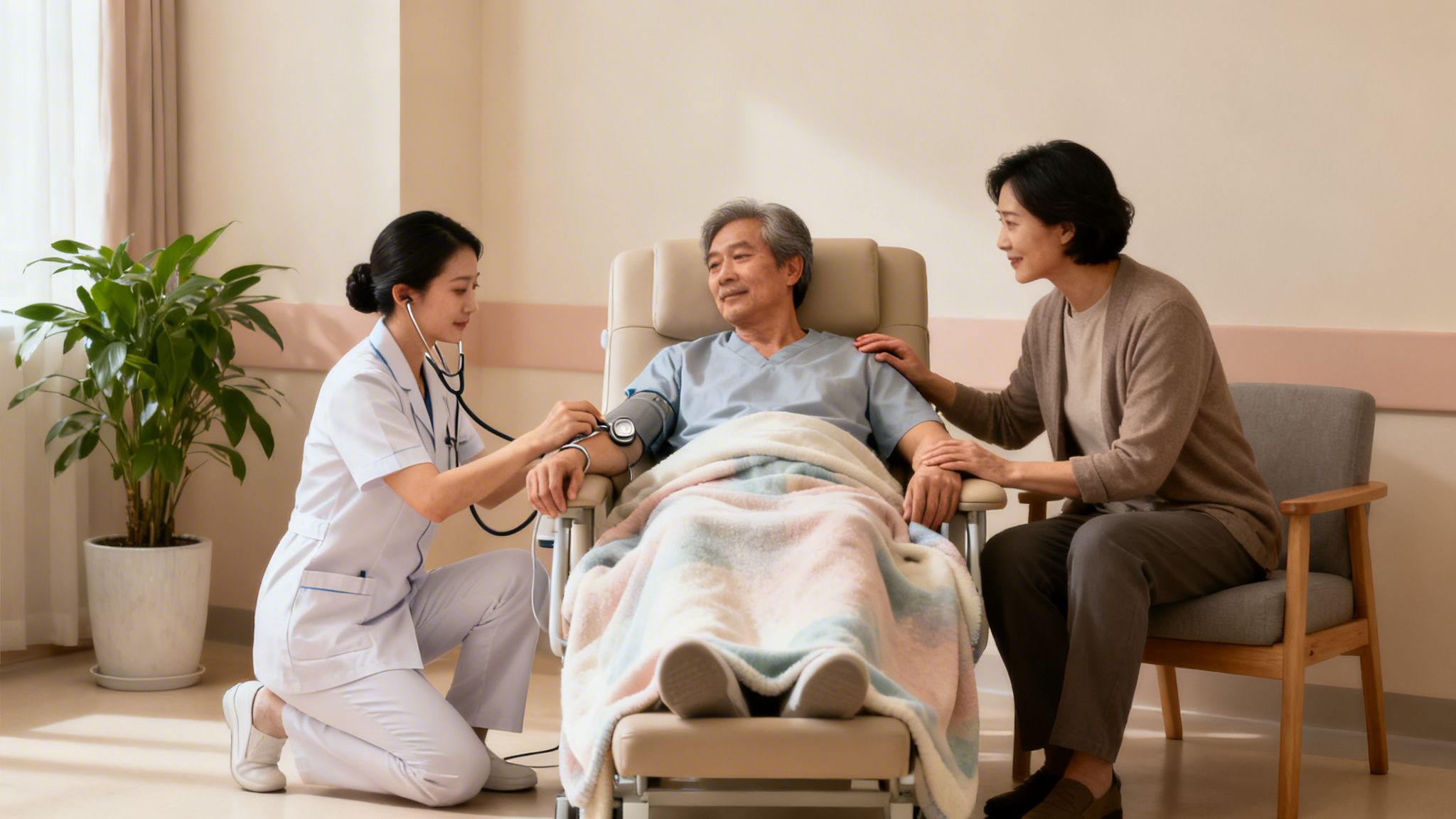 A nurse takes an elderly man's blood pressure while a woman provides comfort.