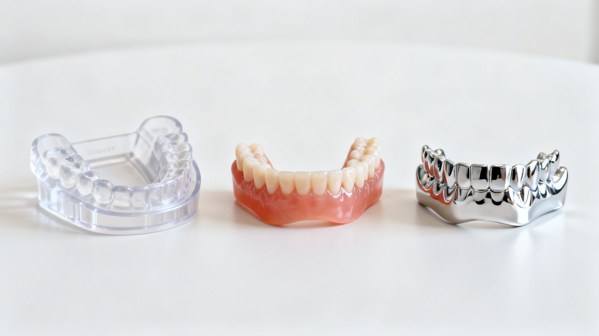 Three dental prosthetics displayed: a clear plastic retainer, a full set of pink and white dentures, and a metallic teeth model.