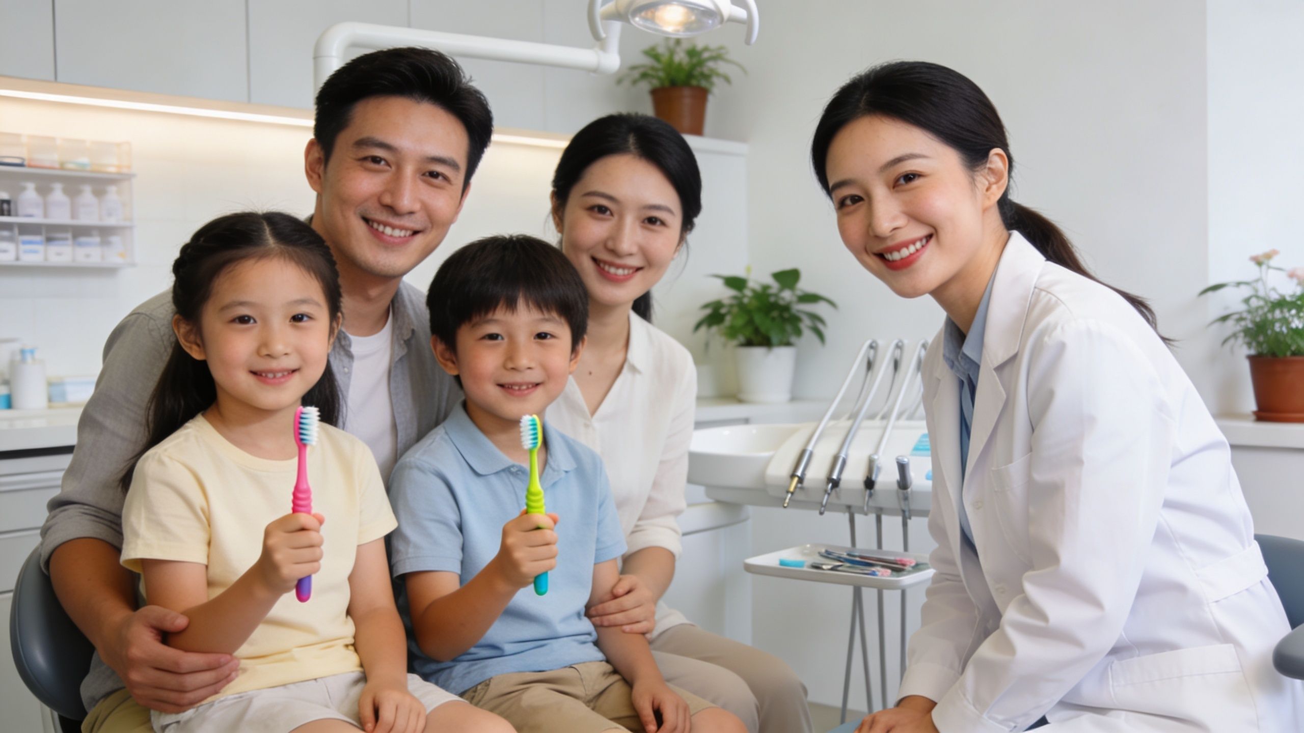 A friendly dentist and a happy family at a dental office clinic preparing for a checkup.
