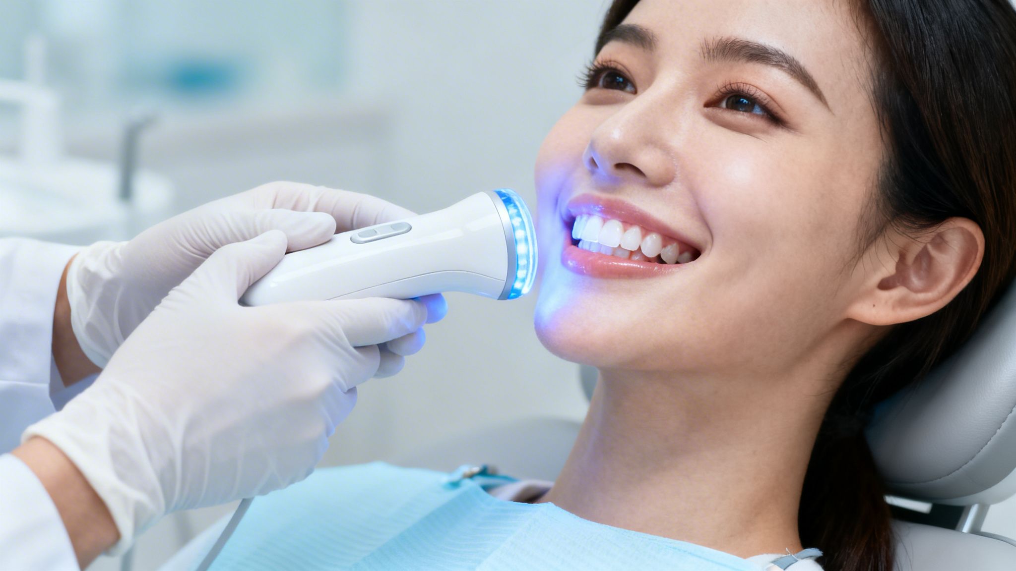 Smiling woman receives professional teeth whitening treatment with a blue light device at a dental clinic.