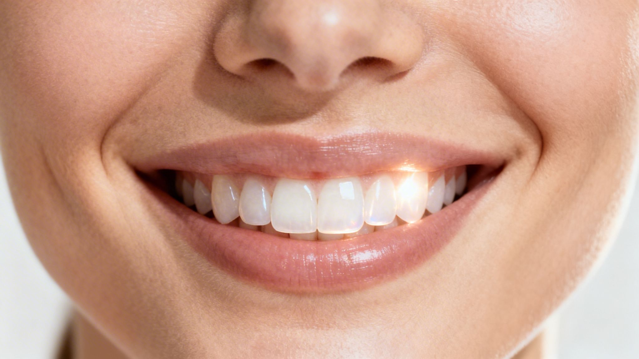 A close-up of a person smiling, revealing bright white, perfectly aligned teeth with a sparkle.