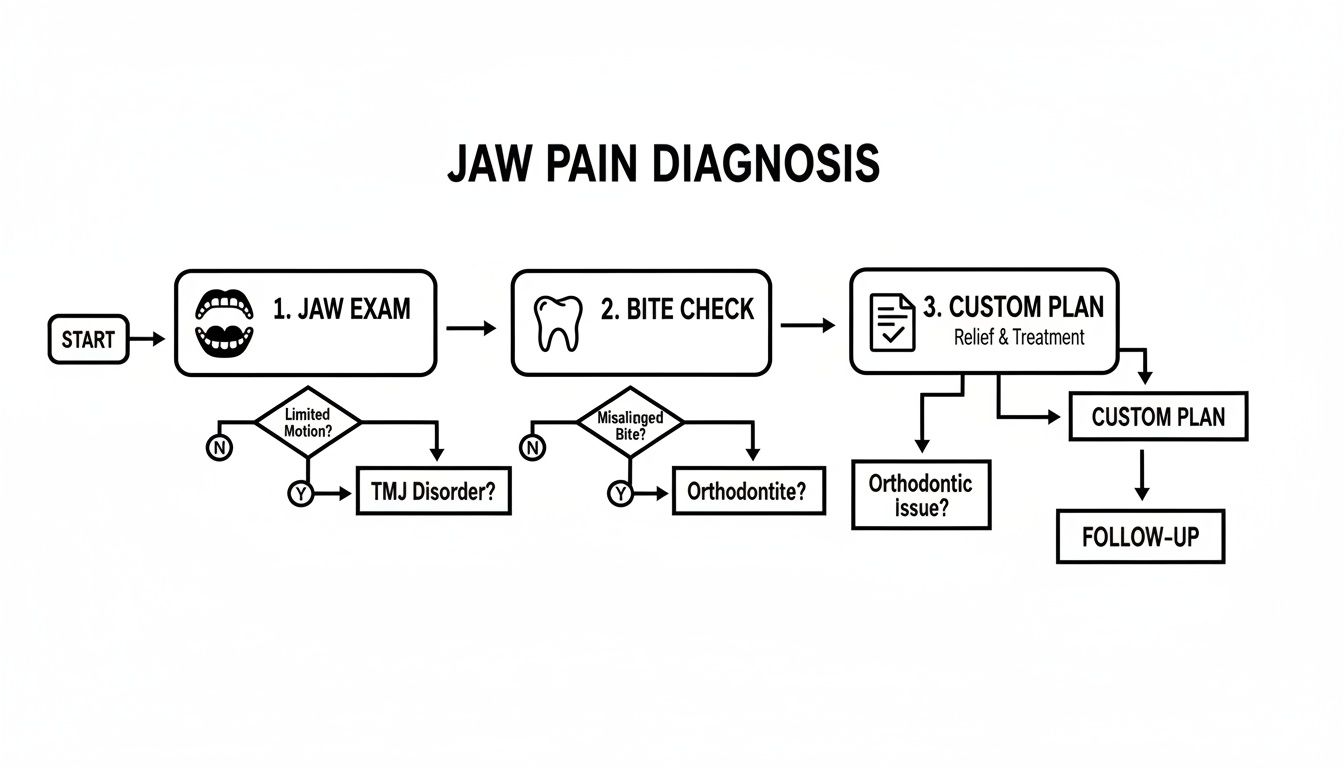 A flowchart detailing the diagnosis process for jaw pain, including exam, bite check, and treatment plans.