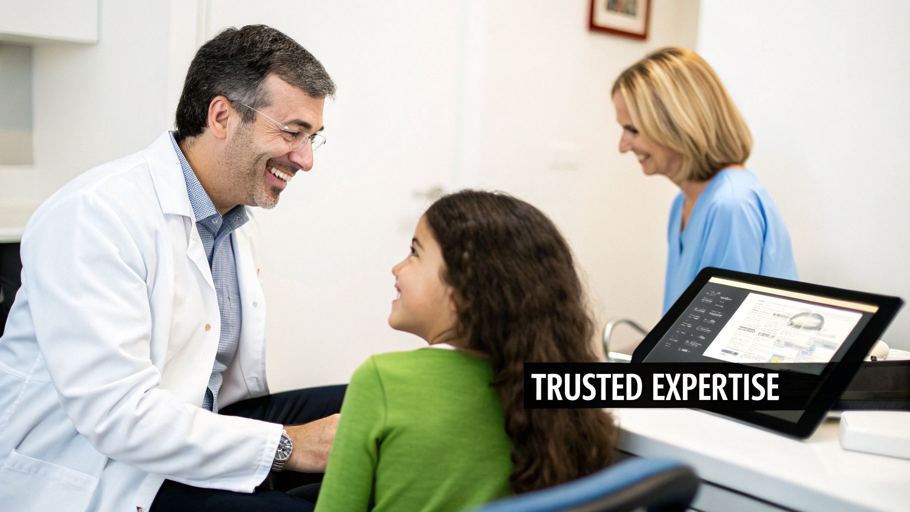 Seven Oaks - Dentistry & Sleep Medicine | Finding Private Practice Dental Offices Near Me in Wesley Chapel, FL A friendly male dentist in a white coat smiles at a young patient in a modern dental office.