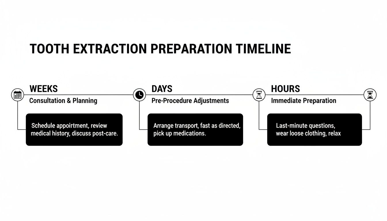 A tooth extraction preparation timeline detailing steps for weeks (consultation), days (adjustments), and hours (immediate prep).