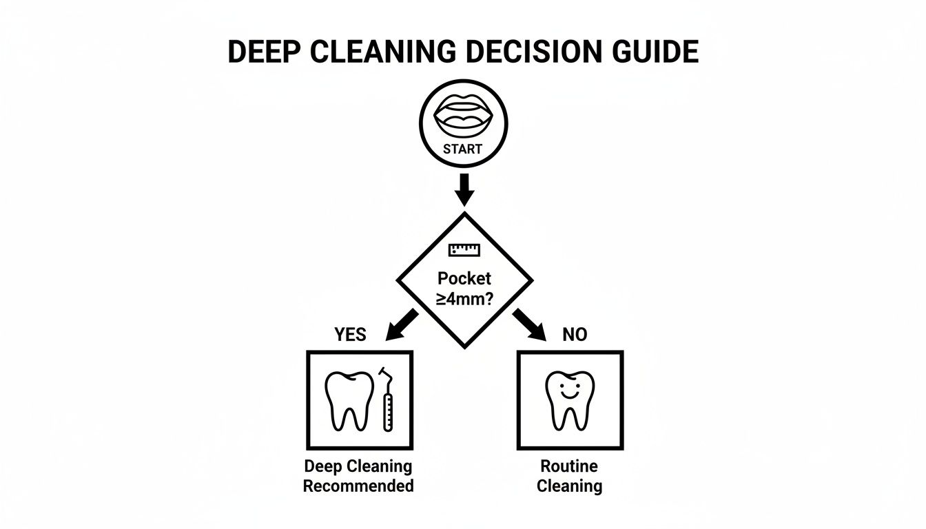 A decision guide flowchart illustrates when deep cleaning is recommended based on pocket depth.