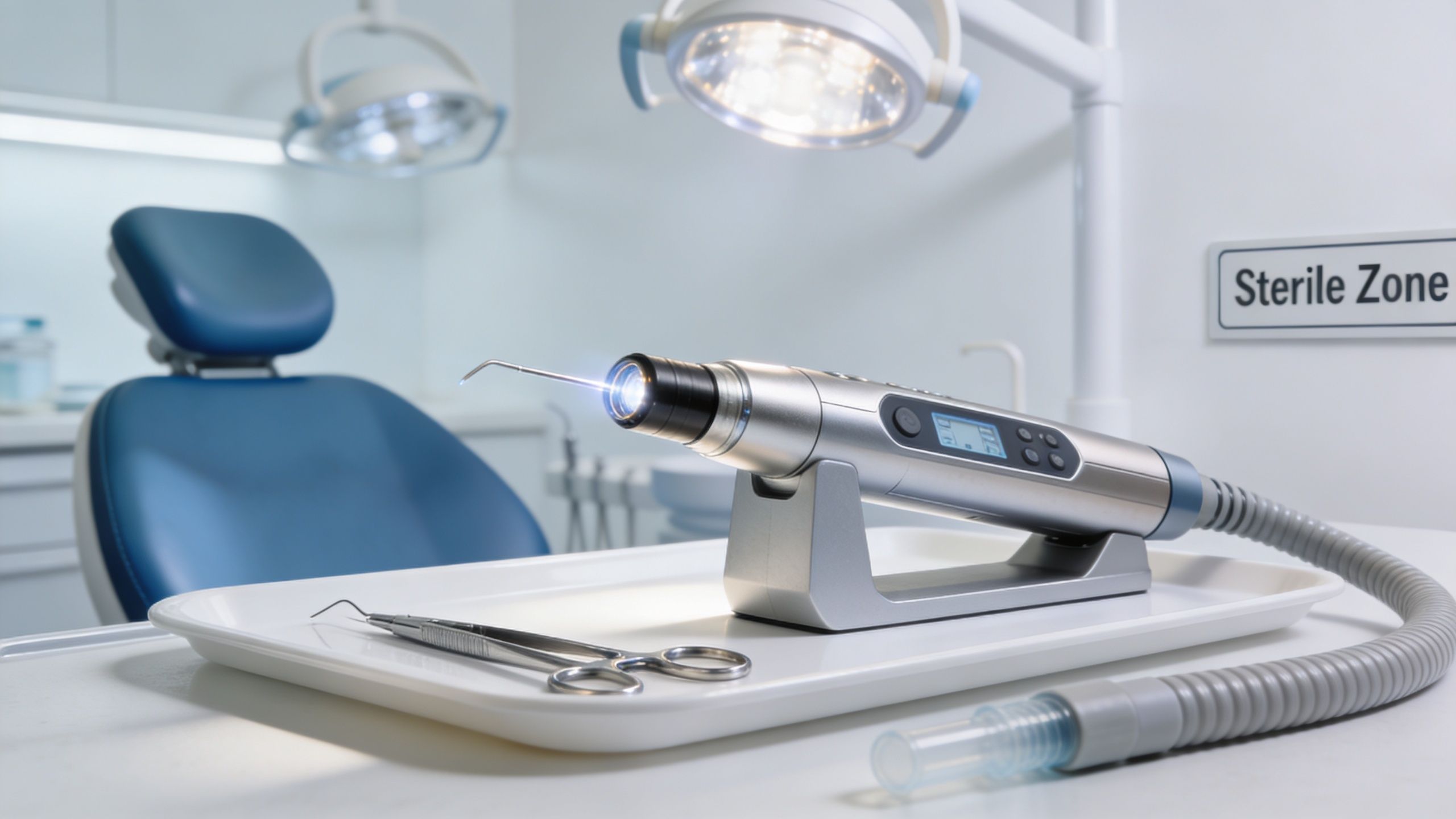 A modern dental laser device resting on a medical tray in a professional dental clinic setting.