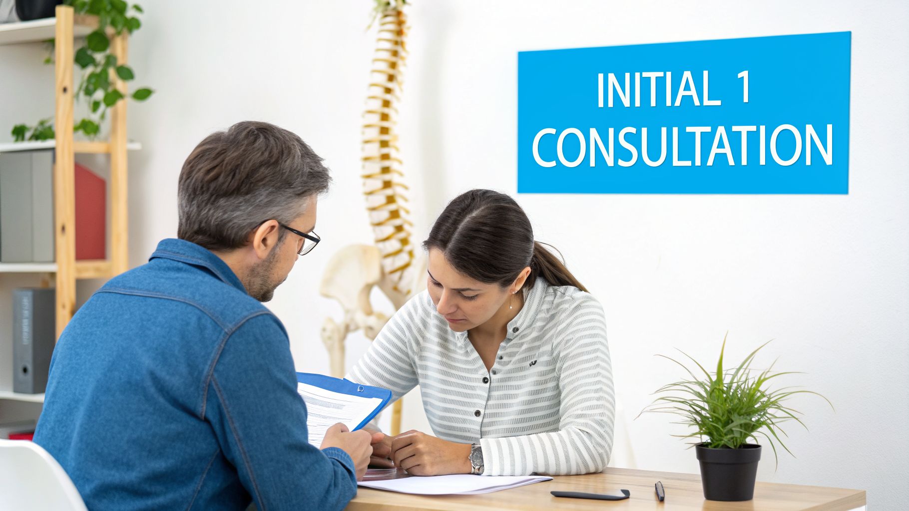 A chiropractor and a male patient review documents during an initial consultation.