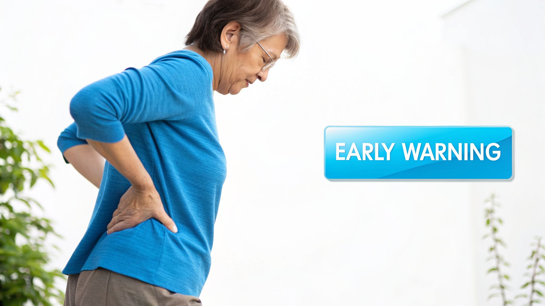 An elderly woman experiencing back pain, holding her lower back, next to a blue button displaying 'EARLY WARNING'.