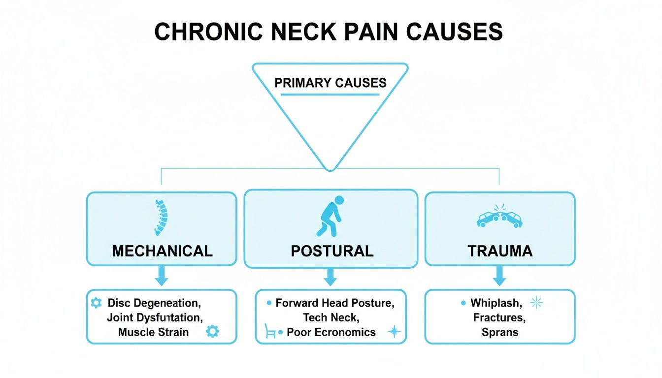 Flowchart illustrating chronic neck pain causes categorized into mechanical, postural, and trauma.