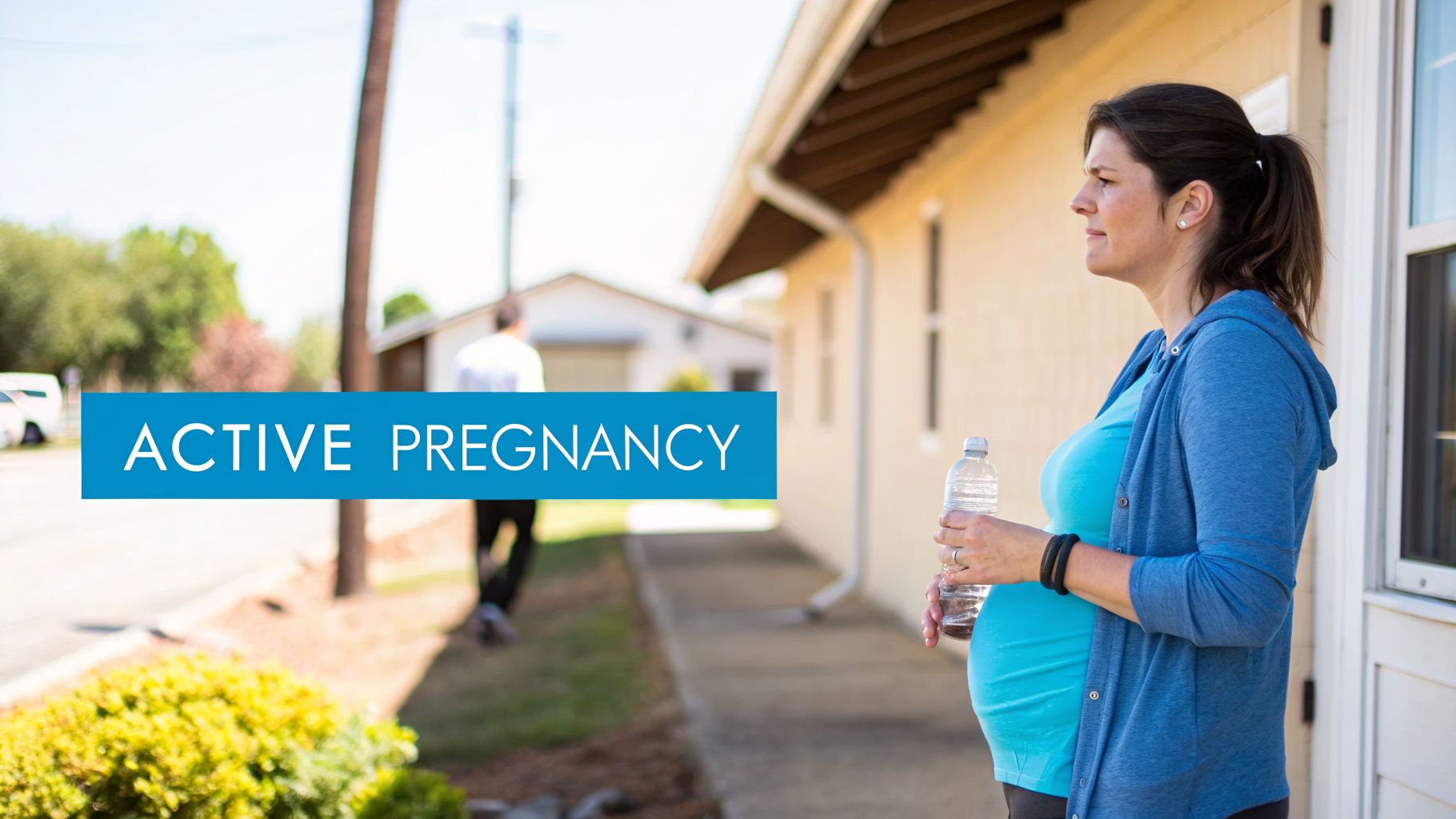 A smiling pregnant woman in activewear holds a water bottle outdoors, promoting active pregnancy.
