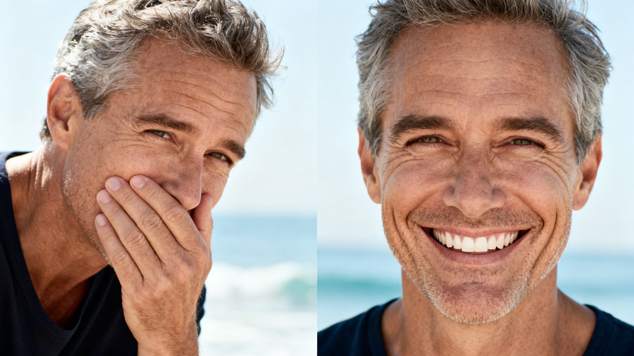 Mature man's dental transformation: first covering his mouth, then smiling broadly with bright, perfect teeth.