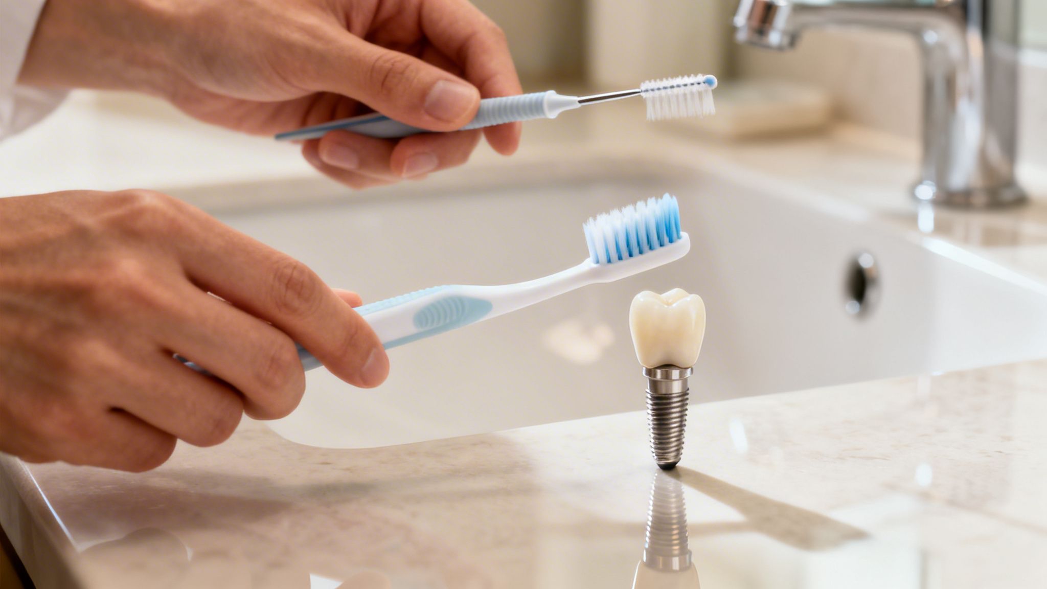 Hands hold two toothbrushes next to a detailed dental implant model on a sink counter.