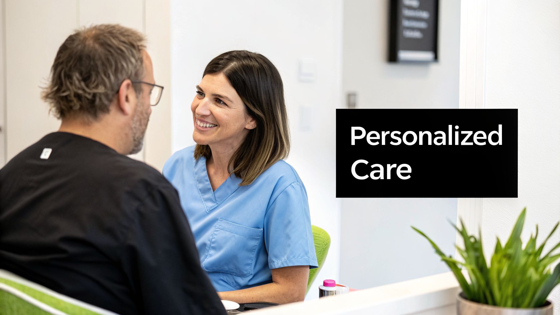 A smiling female healthcare professional in blue scrubs talks to a male patient, with 'Personalized Care' text overlay.