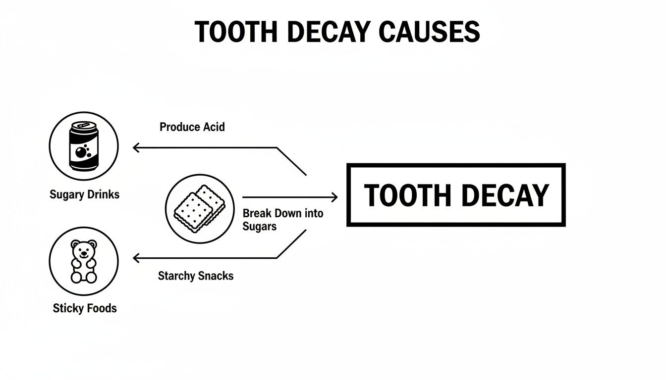 Diagram illustrating how sugary drinks, starchy, and sticky foods contribute to tooth decay.