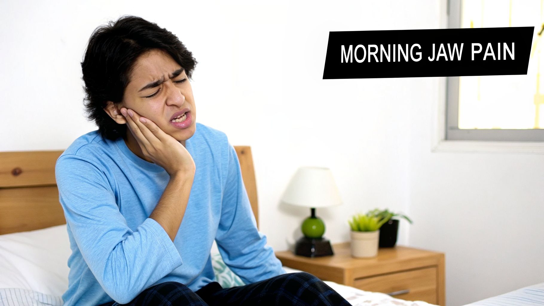 A young man in bed holds his jaw in pain, looking distressed, with text "Morning Jaw Pain".