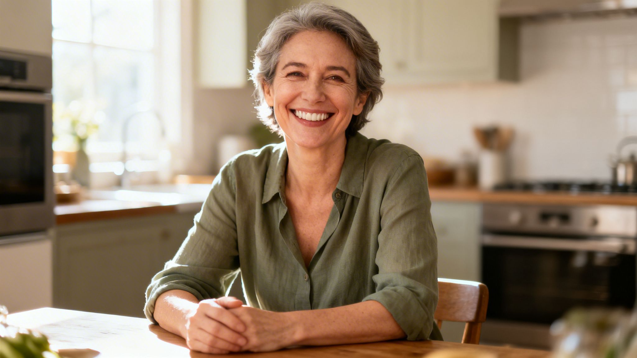A happy mature woman with grey hair smiles brightly at the camera in a sunny kitchen.