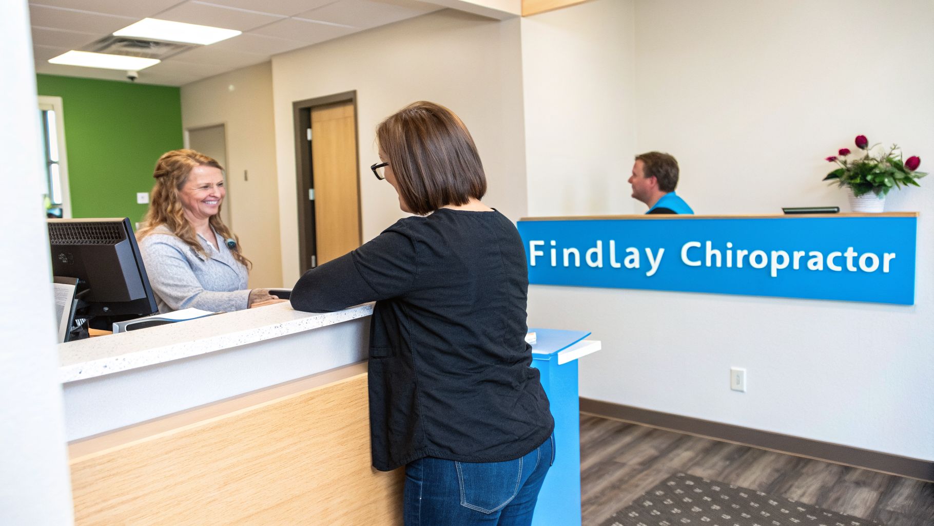 A friendly receptionist greets a patient at the reception desk of Findlay Chiropractor.