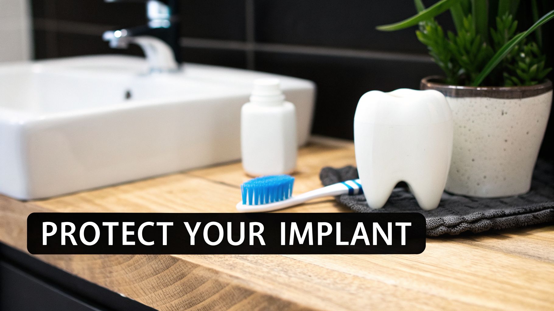 A toothbrush, tooth model, and oral hygiene products on a bathroom counter with text 'PROTECT YOUR IMPLANT'.