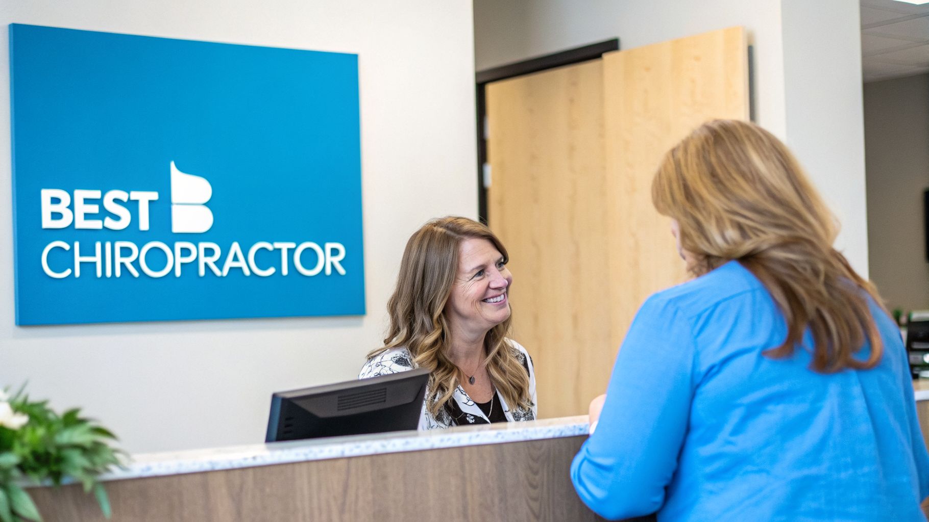 A smiling receptionist at a Best Chiropractor clinic interacts with a patient at the front desk.