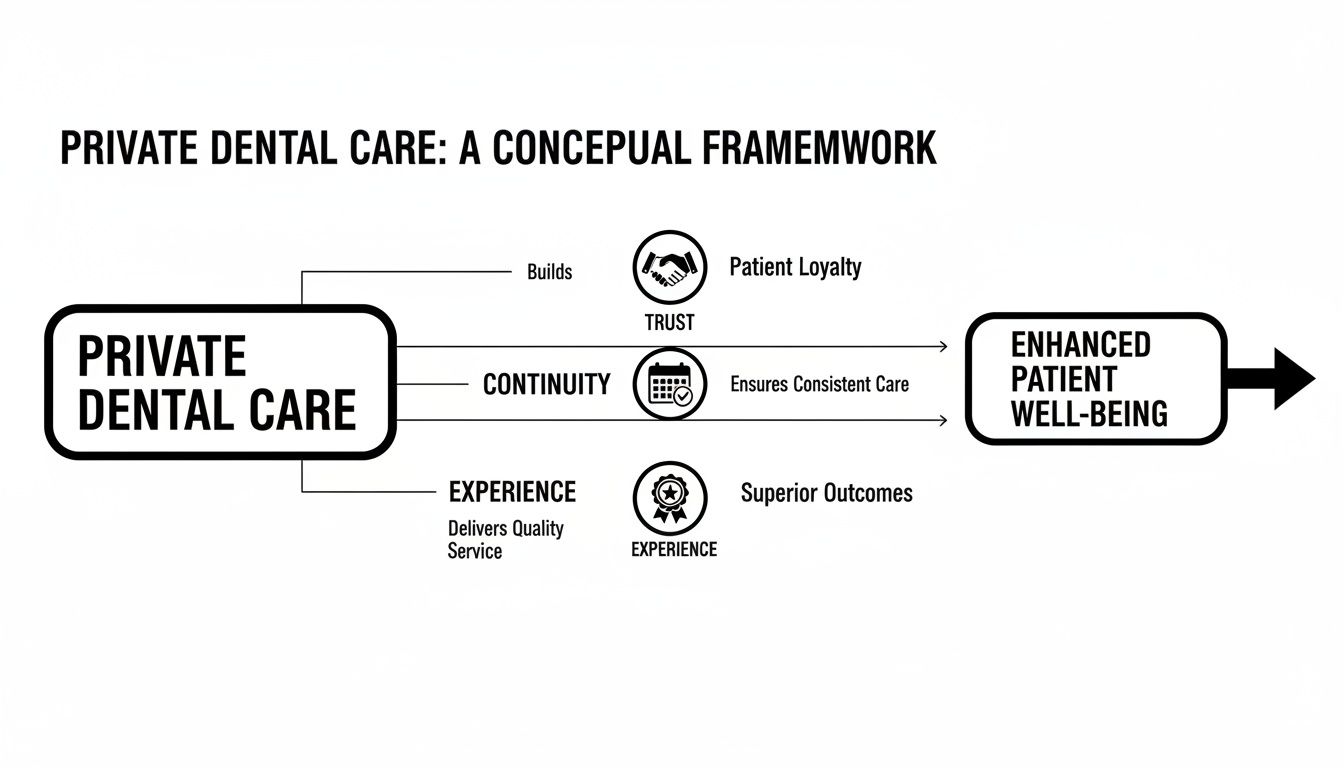 A conceptual framework illustrating how private dental care leads to enhanced patient well-being through trust, continuity, and experience.
