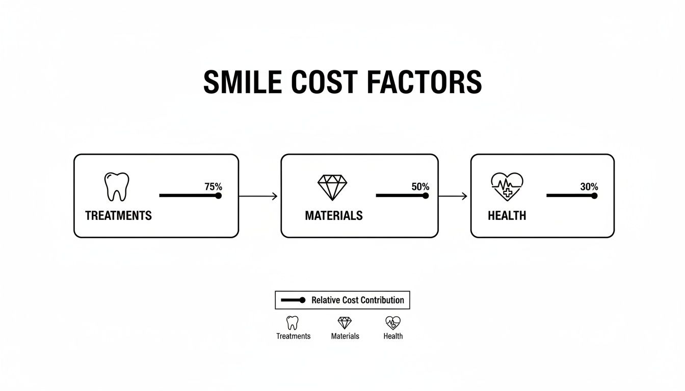Infographic illustrating smile cost factors: treatments (75%), materials (50%), and health (30%) with their relative contributions.