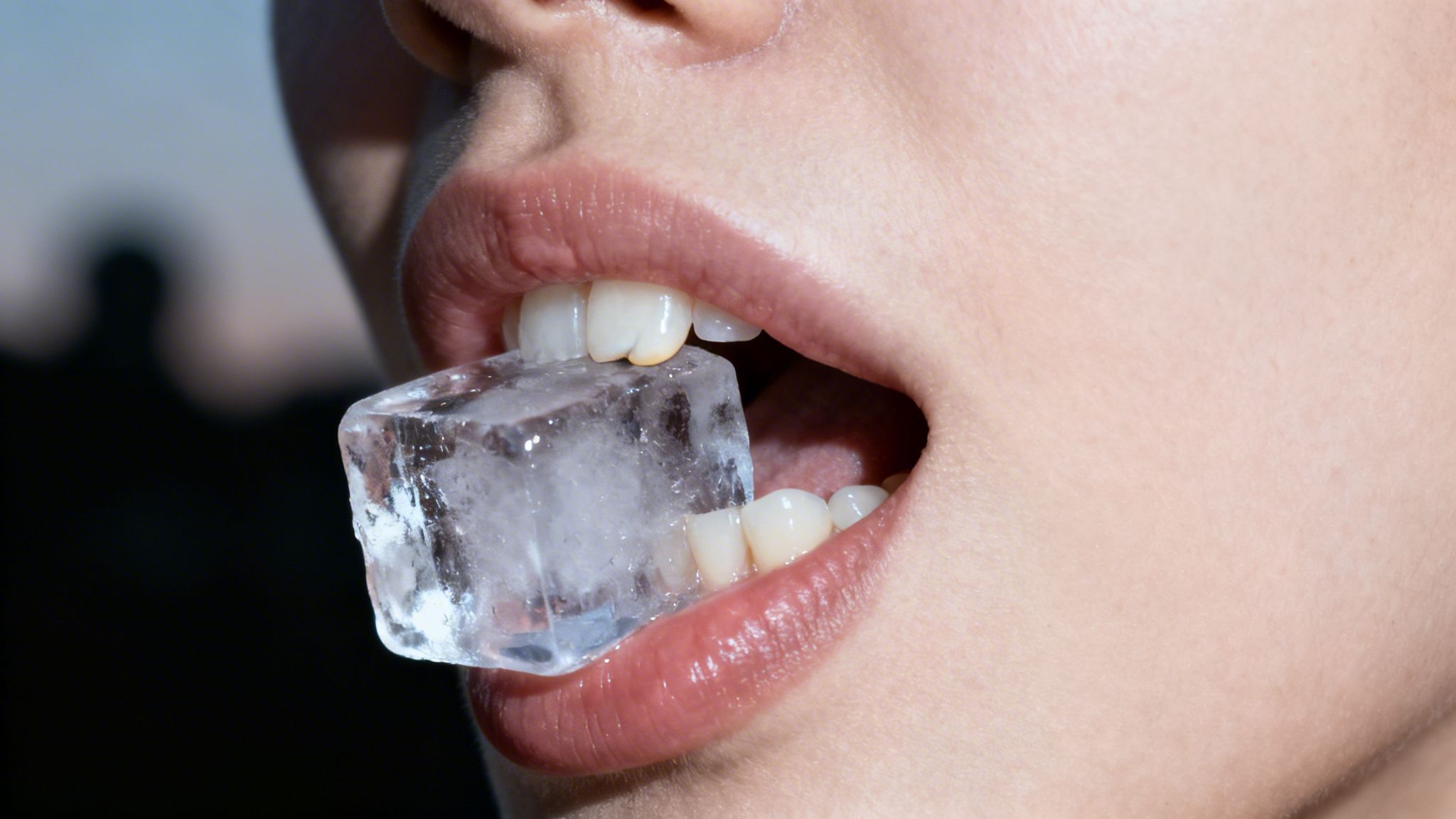 Close-up of a person biting a clear ice cube between their front teeth and pink lips.